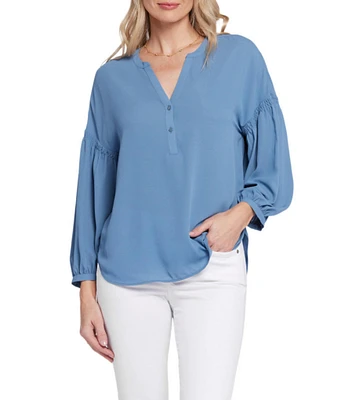 NYDJ Paulina Peasant Split V Neckline Woven Button Front Blouse