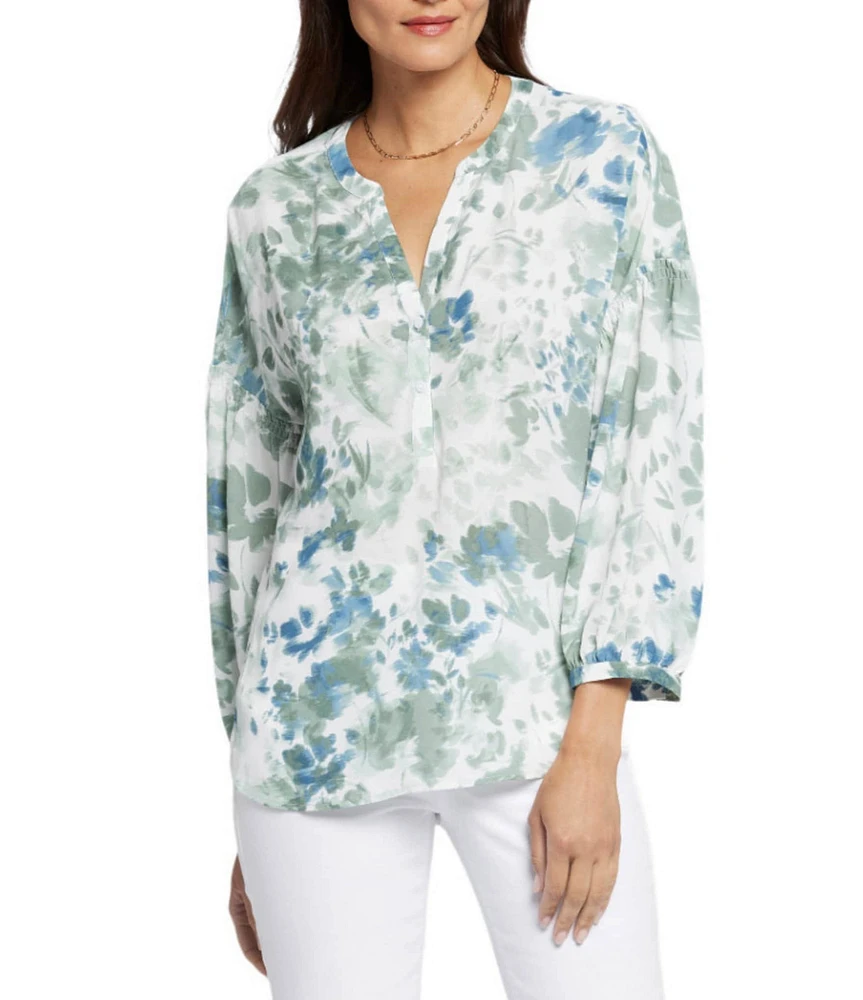 NYDJ Paulina Print Peasant Split V Neckline Woven Button Front Blouse