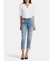 NYDJ Petite Size Margot Embroidered Patch Cropped Girlfriend Jean