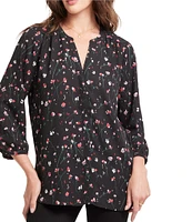 NYDJ Pintuck Woven Billowy Split Round Neckline Pleated Blouse