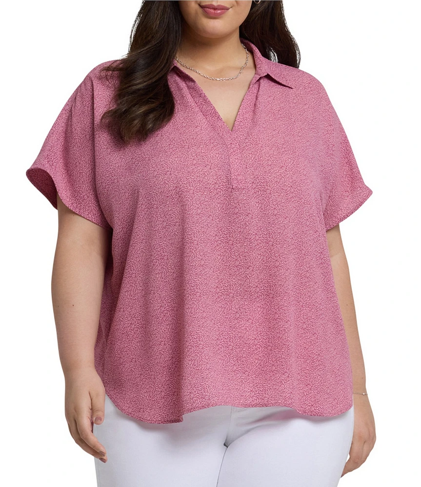 NYDJ Plus Size Becky Point Collar Neck Short Sleeve Shirttail Hem Blouse