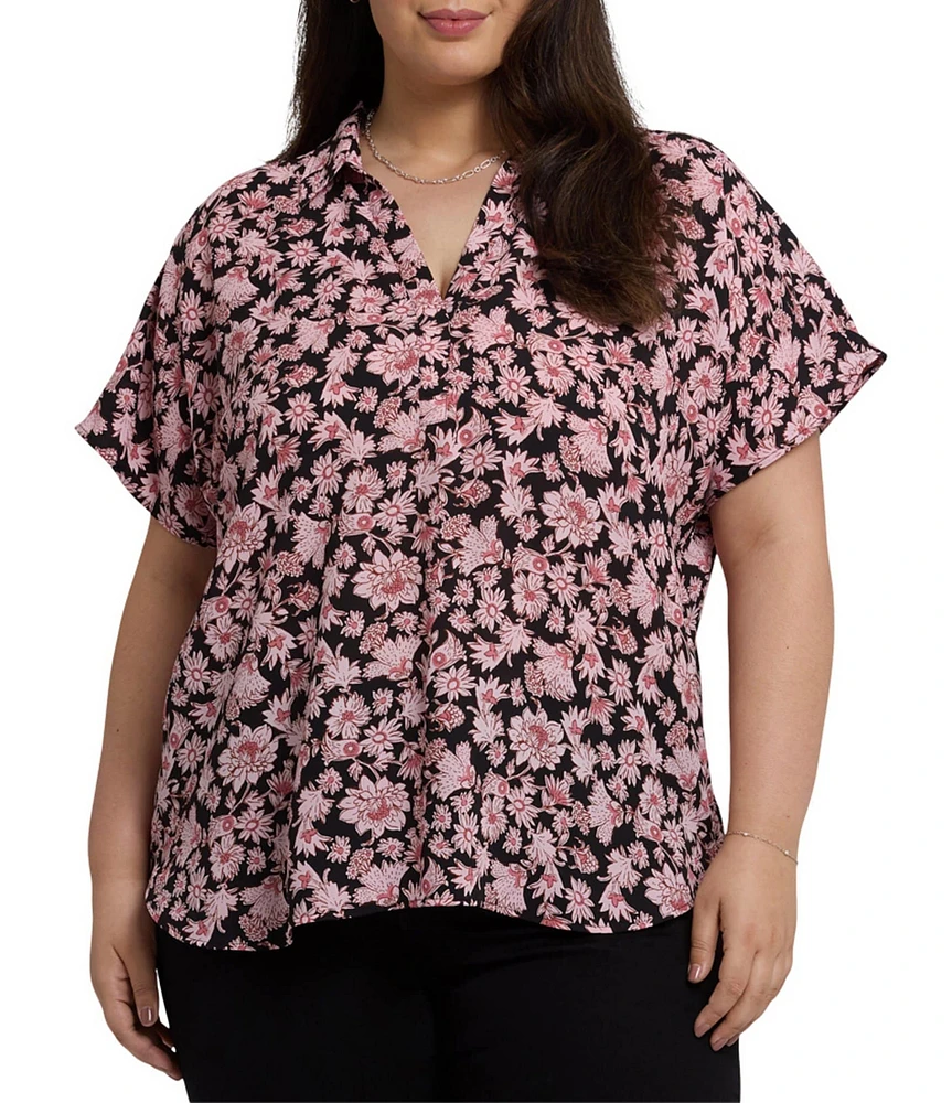 NYDJ Plus Size Becky Printed Point Collar Neck Short Sleeve Shirttail Hem Blouse