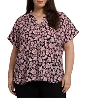 NYDJ Plus Size Becky Printed Point Collar Neck Short Sleeve Shirttail Hem Blouse