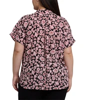 NYDJ Plus Size Becky Printed Point Collar Neck Short Sleeve Shirttail Hem Blouse