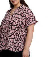 NYDJ Plus Size Becky Printed Point Collar Neck Short Sleeve Shirttail Hem Blouse