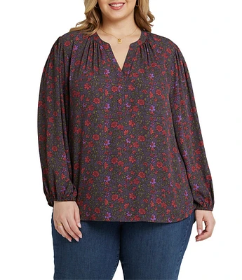 NYDJ Plus Size Ditsy Floral Print Y-Neck Long Puffed Sleeve Popover Top