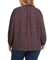 NYDJ Plus Size Ditsy Floral Print Y-Neck Long Puffed Sleeve Popover Top