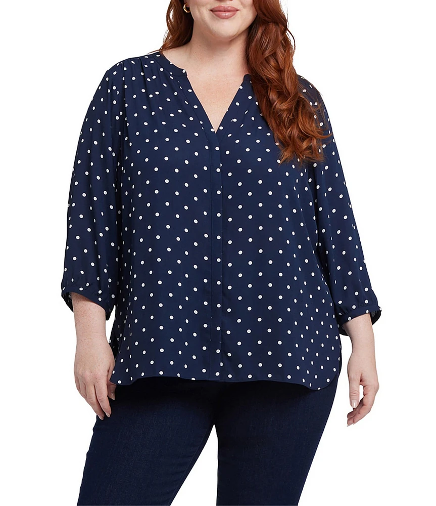 NYDJ Plus Size Indigo Dot Split Round V-Neck 3/4 Sleeve Pintuck Pleated Back Button Front Blouse
