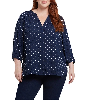 NYDJ Plus Size Indigo Dot Split Round V-Neck 3/4 Sleeve Pintuck Pleated Back Button Front Blouse