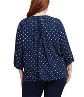 NYDJ Plus Size Indigo Dot Split Round V-Neck 3/4 Sleeve Pintuck Pleated Back Button Front Blouse