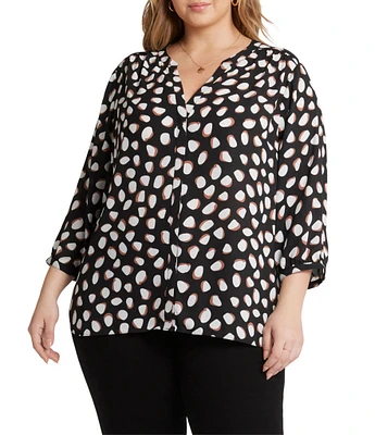 NYDJ Plus Size Matilde Dot Split V-Neck 3/4 Sleeve Pintuck Pleated Back Button Front Blouse