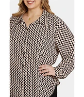 NYDJ Plus Size Modern Woven Printed Point Collar Long Sleeve Shirttail Button Front Top