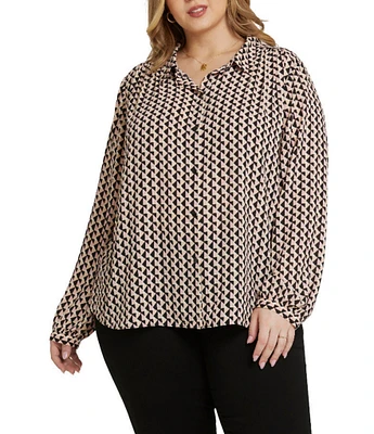 NYDJ Plus Size Modern Woven Printed Point Collar Long Sleeve Shirttail Button Front Top