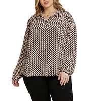 NYDJ Plus Size Modern Woven Printed Point Collar Long Sleeve Shirttail Button Front Top