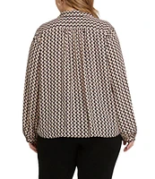 NYDJ Plus Size Modern Woven Printed Point Collar Long Sleeve Shirttail Button Front Top