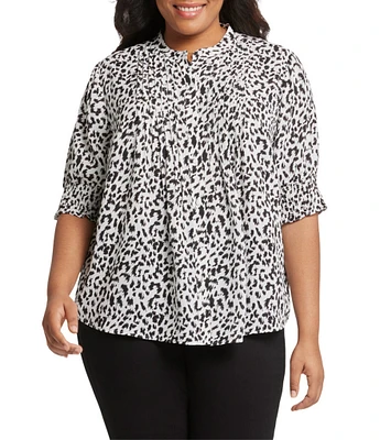 NYDJ Plus Size Printed Pleated 3/4 Smocked Cuff Sleeve Half-Button Front Blouse