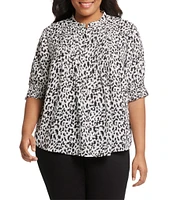 NYDJ Plus Size Printed Pleated 3/4 Smocked Cuff Sleeve Half-Button Front Blouse