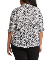 NYDJ Plus Size Printed Pleated 3/4 Smocked Cuff Sleeve Half-Button Front Blouse
