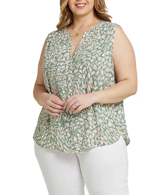 NYDJ Plus Size Printed Split Round Neck Sleeveless Back Pleated Blouse