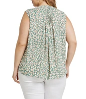 NYDJ Plus Size Printed Split Round Neck Sleeveless Back Pleated Blouse