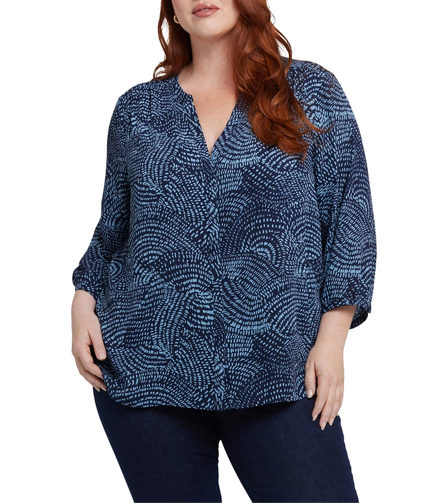NYDJ Plus Size Stormy Nights Split V-Neck 3/4 Sleeve Pintuck Pleated Back Button Front Blouse