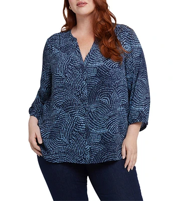 NYDJ Plus Size Stormy Nights Split V-Neck 3/4 Sleeve Pintuck Pleated Back Button Front Blouse