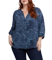 NYDJ Plus Size Stormy Nights Split V-Neck 3/4 Sleeve Pintuck Pleated Back Button Front Blouse