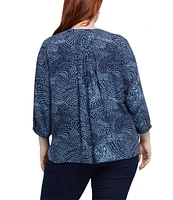 NYDJ Plus Size Stormy Nights Split V-Neck 3/4 Sleeve Pintuck Pleated Back Button Front Blouse