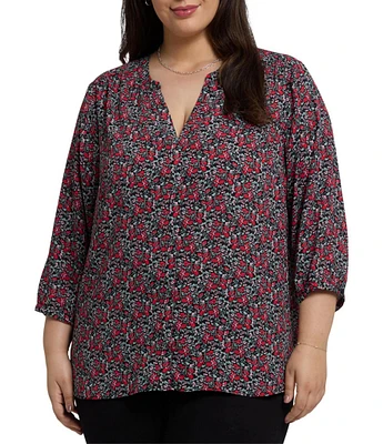 NYDJ Plus Size Woven Los Rosales Split Round V-Neck 3/4 Sleeve Pintuck Blouse
