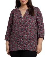 NYDJ Plus Size Woven Los Rosales Split Round V-Neck 3/4 Sleeve Pintuck Blouse