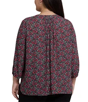 NYDJ Plus Size Woven Los Rosales Split Round V-Neck 3/4 Sleeve Pintuck Blouse