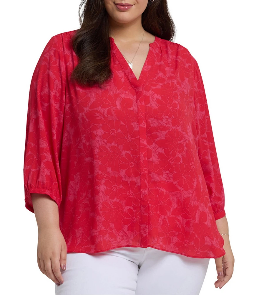 NYDJ Plus Size Woven Printed Split Round V-Neck 3/4 Sleeve Pintuck Blouse