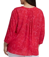 NYDJ Plus Size Woven Printed Split Round V-Neck 3/4 Sleeve Pintuck Blouse