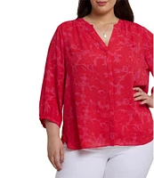 NYDJ Plus Size Woven Printed Split Round V-Neck 3/4 Sleeve Pintuck Blouse