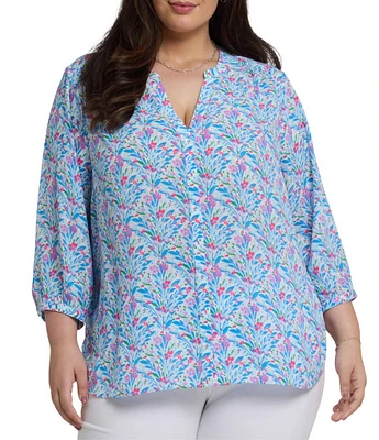 NYDJ Plus Size Woven Serafia Split Round V-Neck 3/4 Sleeve Pintuck Blouse