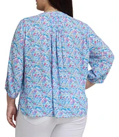 NYDJ Plus Size Woven Serafia Split Round V-Neck 3/4 Sleeve Pintuck Blouse