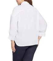 NYDJ Plus Size Zoey Point Collar 3/4 Sleeve Shirttail Hem Button Front Blouse