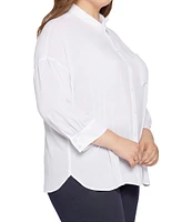 NYDJ Plus Size Zoey Point Collar 3/4 Sleeve Shirttail Hem Button Front Blouse