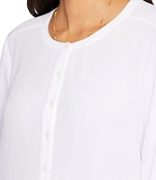 NYDJ Simone Round Neck Button Front Long Gathered Cuff Sleeve Blouse