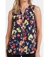 NYDJ Woven Floral Print Sleeveless Inverted Pleat Mandarin Collar Pintuck Blouse