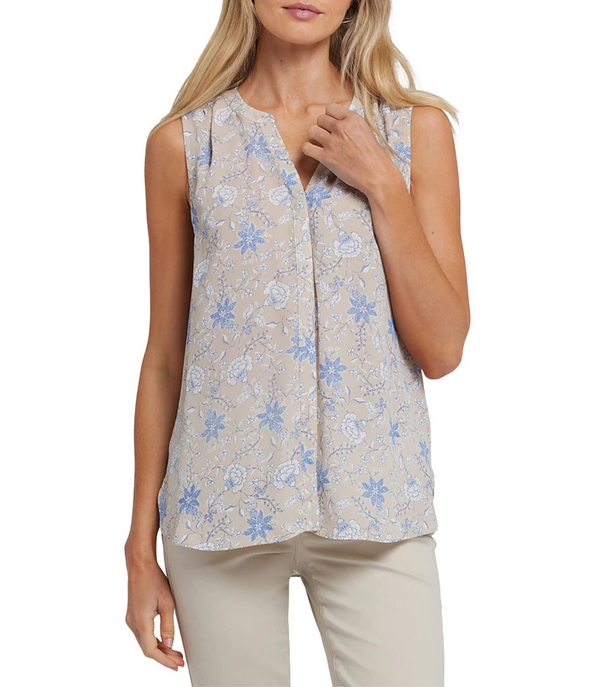 NYDJ Woven Floral Print Sleeveless Inverted Pleat Mandarin Collar Pintuck Blouse