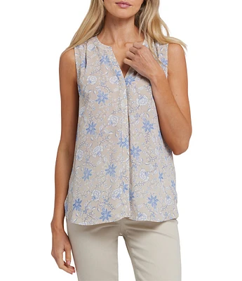 NYDJ Woven Floral Print Sleeveless Inverted Pleat Mandarin Collar Pintuck Blouse