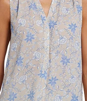 NYDJ Woven Floral Print Sleeveless Inverted Pleat Mandarin Collar Pintuck Blouse