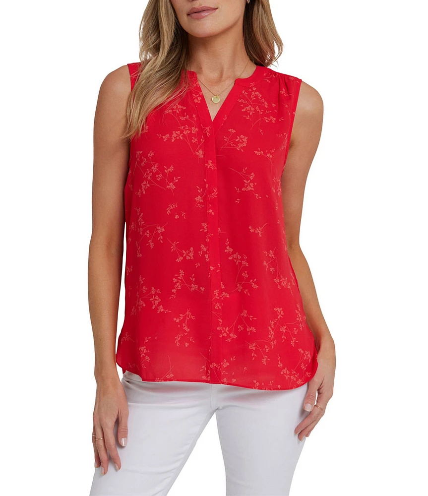 NYDJ Woven Floral Print Sleeveless Inverted Pleat Mandarin Collar Pintuck Blouse
