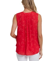 NYDJ Woven Floral Print Sleeveless Inverted Pleat Mandarin Collar Pintuck Blouse