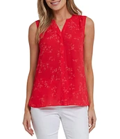 NYDJ Woven Floral Print Sleeveless Inverted Pleat Mandarin Collar Pintuck Blouse