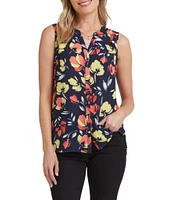 NYDJ Woven Floral Print Sleeveless Inverted Pleat Mandarin Collar Pintuck Blouse