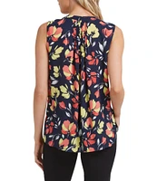 NYDJ Woven Floral Print Sleeveless Inverted Pleat Mandarin Collar Pintuck Blouse