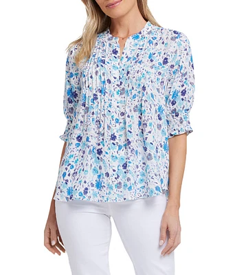 NYDJ Woven Jimena Garden Round Neck Short Smocked Sleeve Top