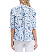 NYDJ Woven Jimena Garden Round Neck Short Smocked Sleeve Top